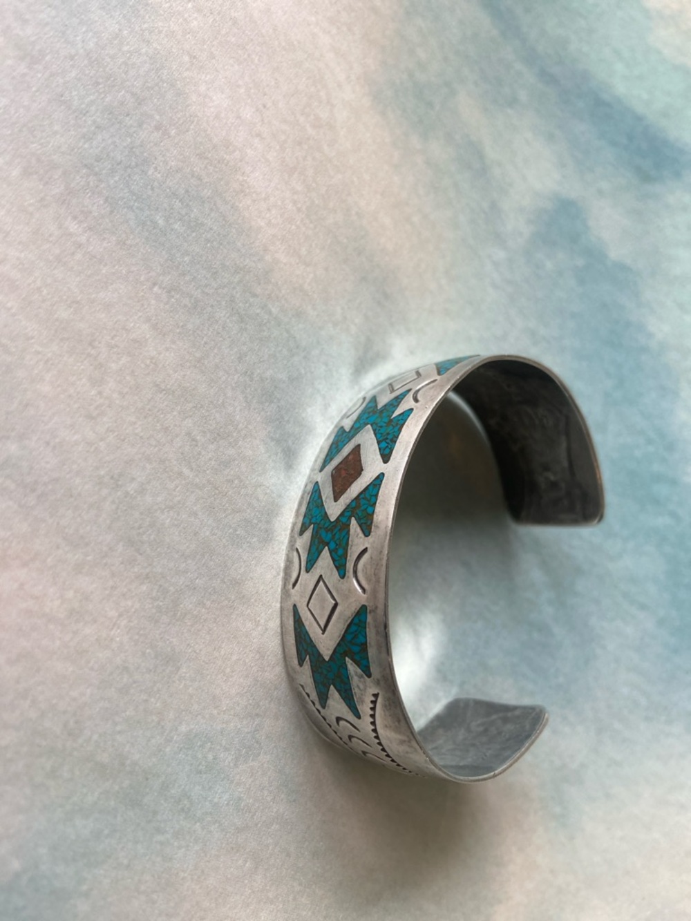 Turquoise and Corral Inlay Sterling Silver Cuff Bracelet, Native American - Picture 8 of 12